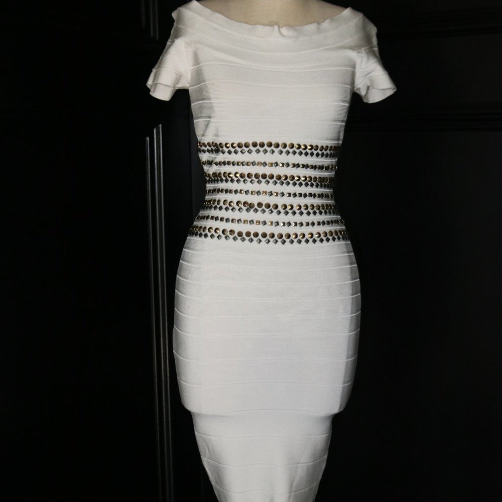 HERVE LEGER  "Carmen" White Bandage Knit Studded Bodycon Cocktail Dress